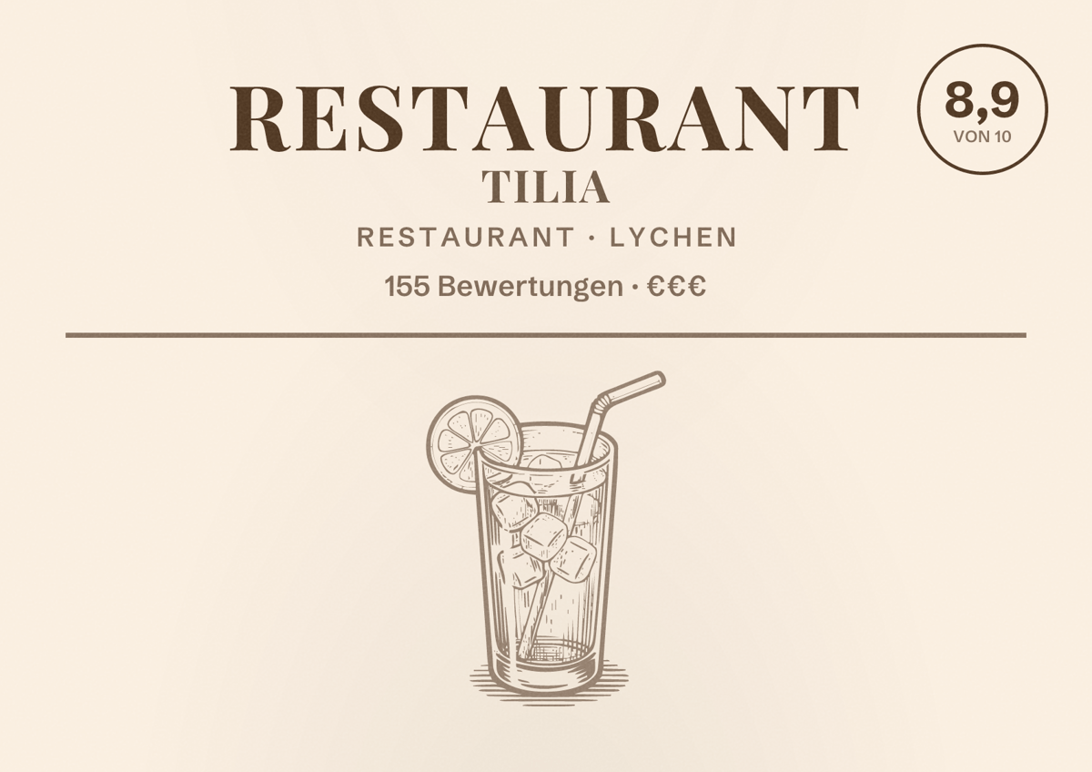 Illustriertes Poster von Restaurant Tilia, Restaurant in Lychen: Bewertung 8,9 von 10 aus 155 Bewertungen, Preisniveau €€€