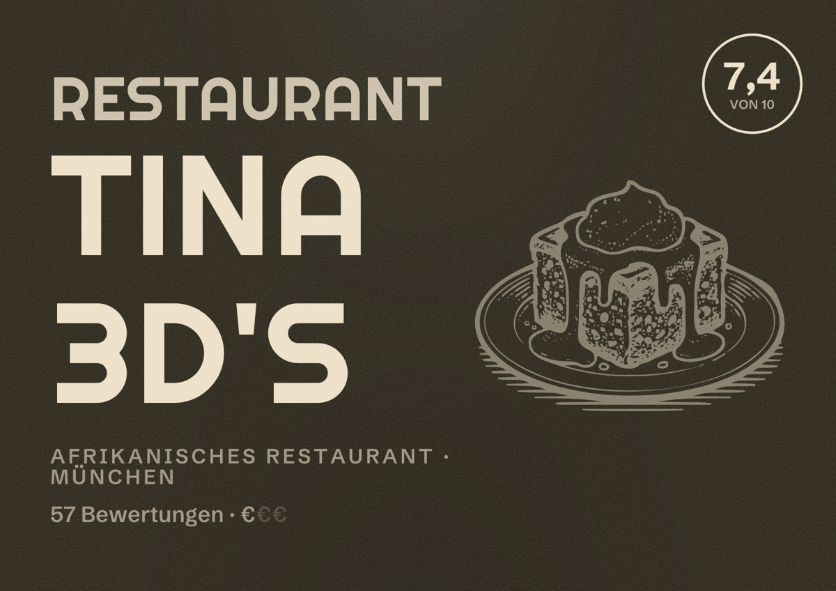 Illustriertes Poster von Restaurant Tina 3D'S, Afrikanisches Restaurant in München: Bewertung 7,4 von 10 aus 57 Bewertungen, Preisniveau €