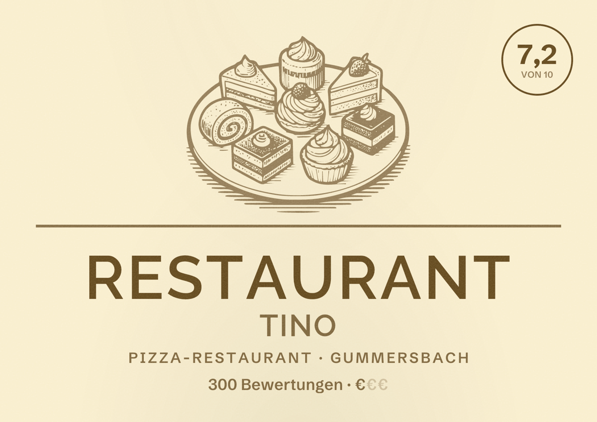 Illustriertes Poster von Restaurant Tino, Pizza-Restaurant in Gummersbach: Bewertung 7,2 von 10 aus 300 Bewertungen, Preisniveau €