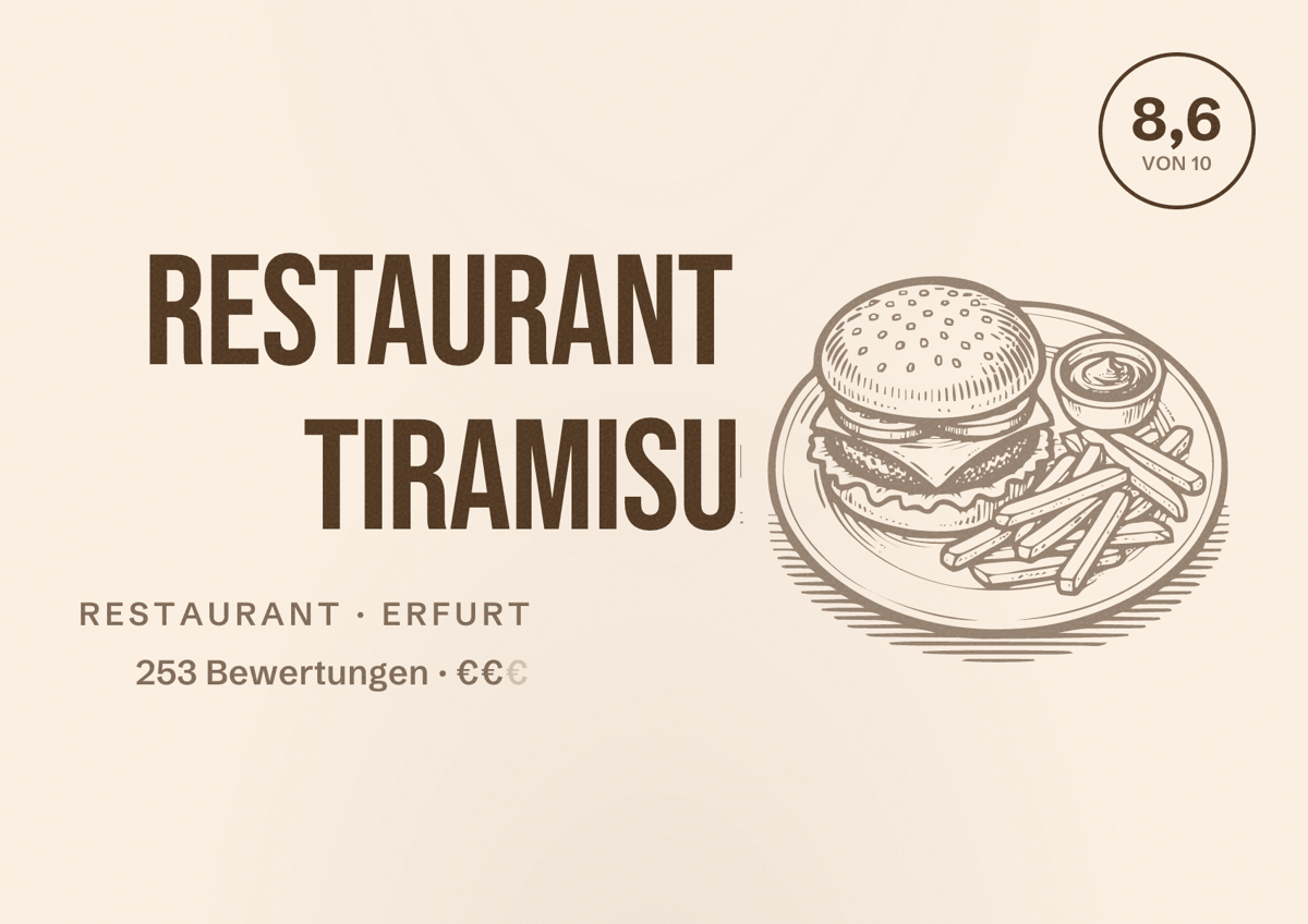 Illustriertes Poster von Restaurant Tiramisu, Restaurant in Erfurt: Bewertung 8,6 von 10 aus 253 Bewertungen, Preisniveau €€