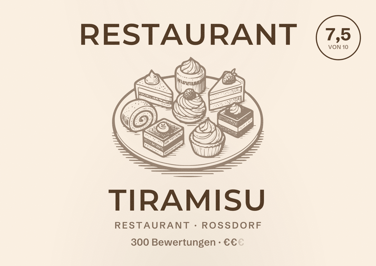 Illustriertes Poster von Restaurant Tiramisu, Restaurant in Roßdorf: Bewertung 7,5 von 10 aus 300 Bewertungen, Preisniveau €€