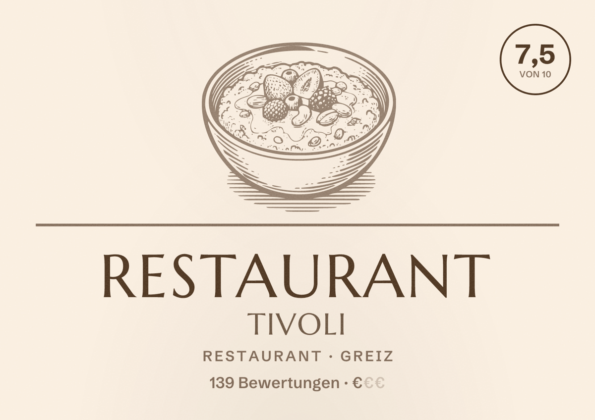 Illustriertes Poster von Restaurant Tivoli, Restaurant in Greiz: Bewertung 7,5 von 10 aus 139 Bewertungen, Preisniveau €