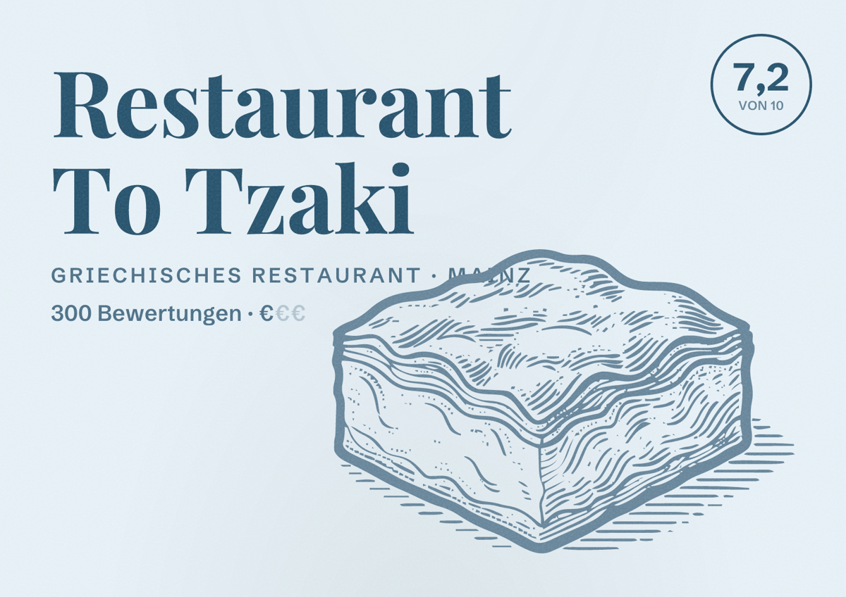 Illustriertes Poster von Restaurant To Tzaki, Griechisches Restaurant in Mainz: Bewertung 7,2 von 10 aus 300 Bewertungen, Preisniveau €