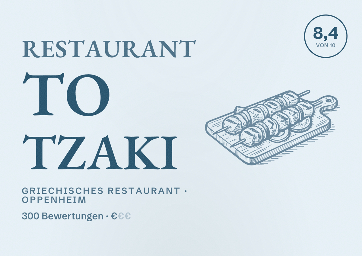 Illustriertes Poster von Restaurant To Tzaki, Griechisches Restaurant in Oppenheim: Bewertung 8,4 von 10 aus 300 Bewertungen, Preisniveau €