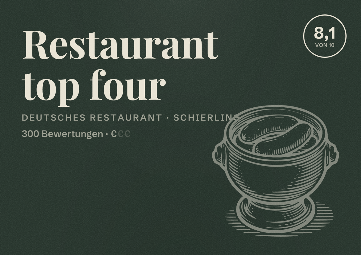 Illustriertes Poster von Restaurant top four, Deutsches Restaurant in Schierling: Bewertung 8,1 von 10 aus 300 Bewertungen, Preisniveau €
