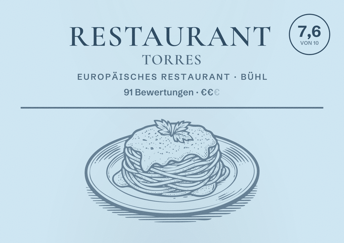 Illustriertes Poster von Restaurant Torres, Europäisches Restaurant in Bühl: Bewertung 7,6 von 10 aus 91 Bewertungen, Preisniveau €€