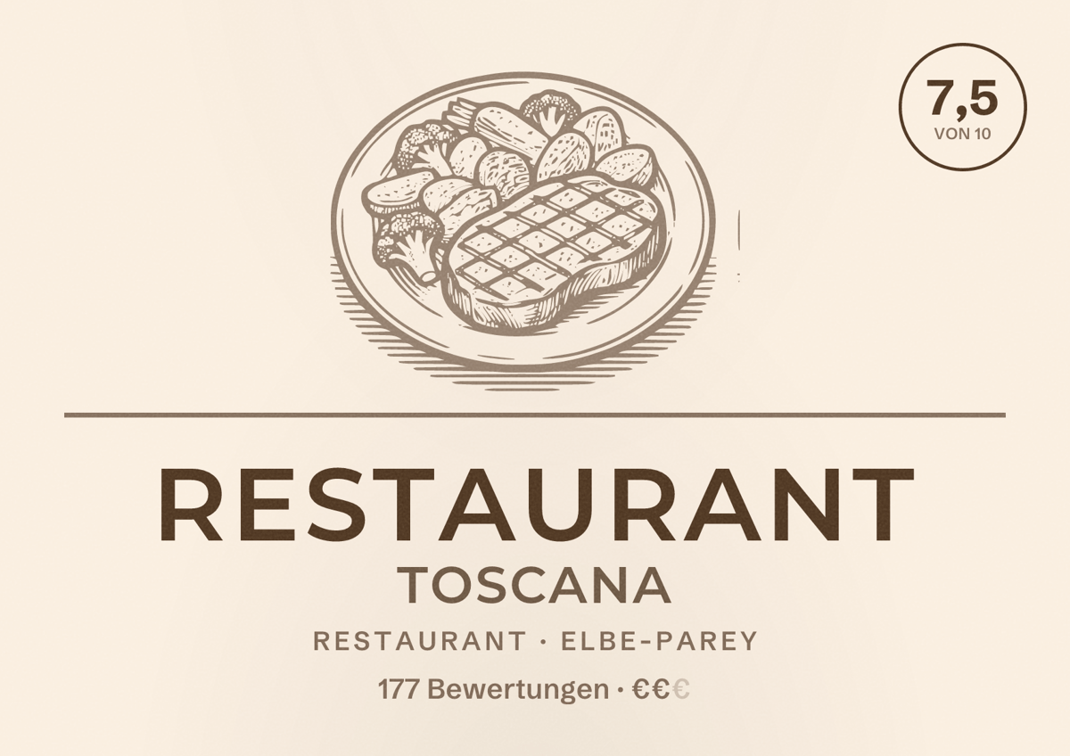 Illustriertes Poster von Restaurant Toscana, Restaurant in Elbe-Parey: Bewertung 7,5 von 10 aus 177 Bewertungen, Preisniveau €€