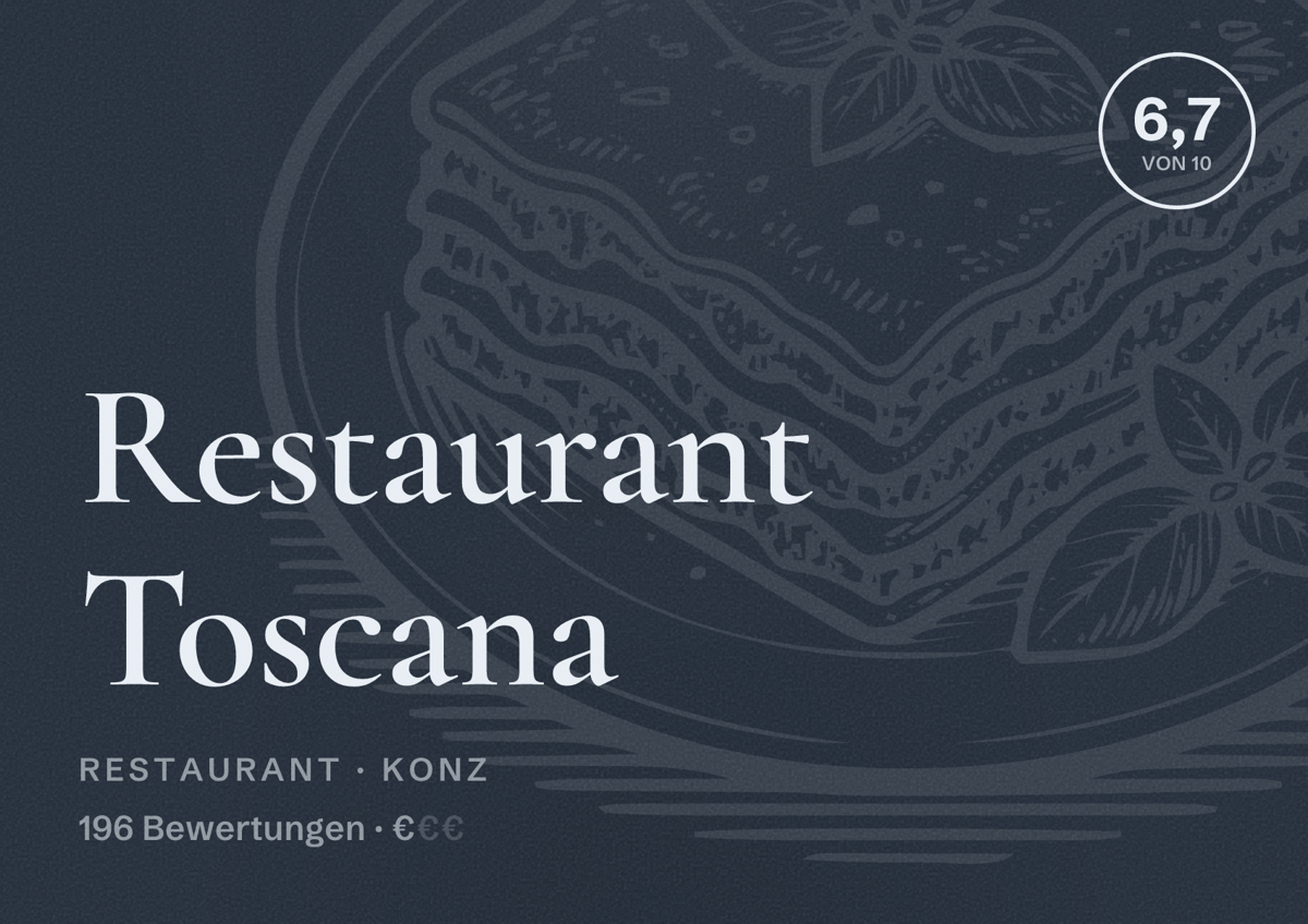 Illustriertes Poster von Restaurant Toscana, Restaurant in Konz: Bewertung 6,7 von 10 aus 196 Bewertungen, Preisniveau €