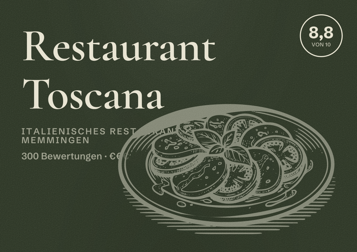 Illustriertes Poster von Restaurant Toscana, Italienisches Restaurant in Memmingen: Bewertung 8,8 von 10 aus 300 Bewertungen, Preisniveau €€