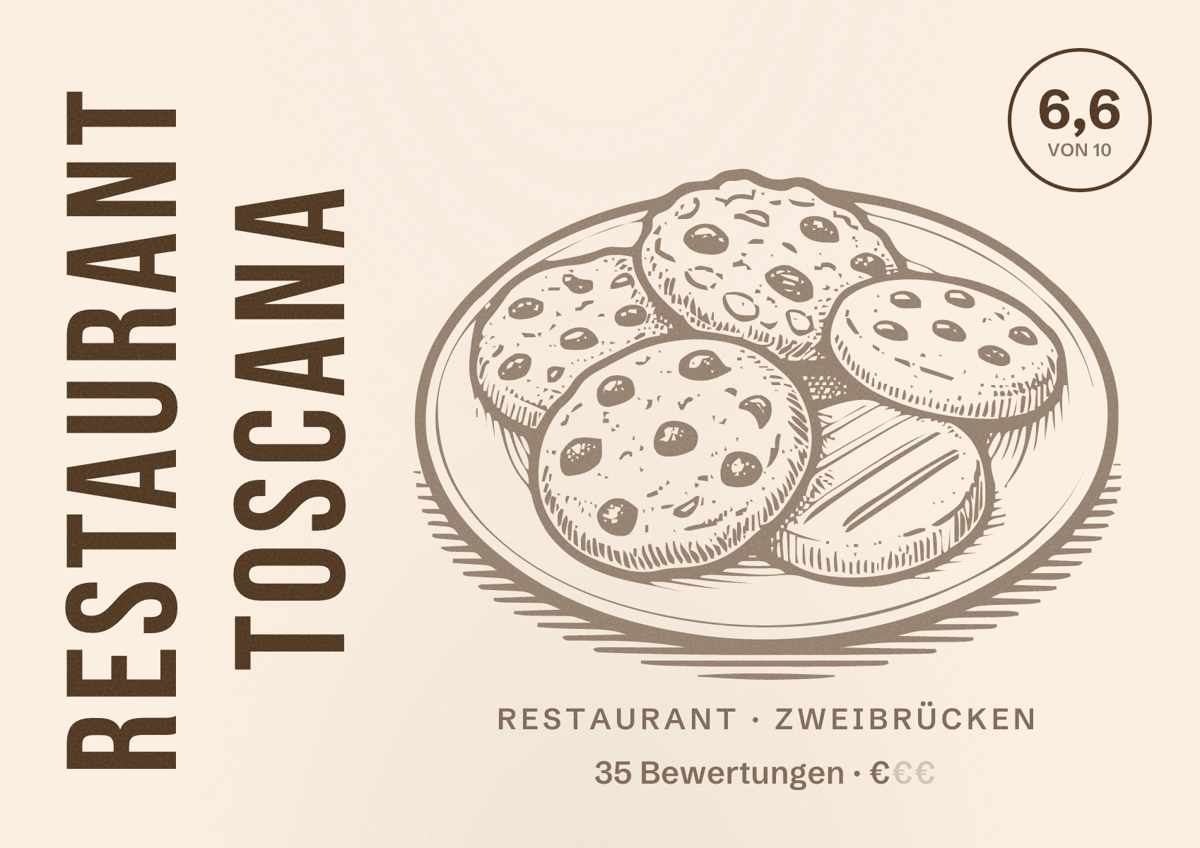 Illustriertes Poster von Restaurant Toscana, Restaurant in Zweibrücken: Bewertung 6,6 von 10 aus 35 Bewertungen, Preisniveau €