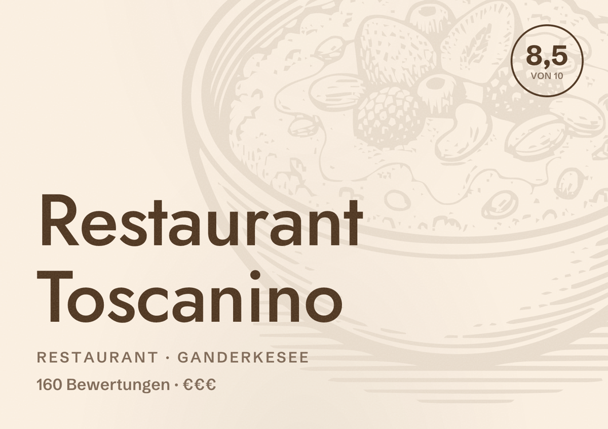 Illustriertes Poster von Restaurant Toscanino, Restaurant in Ganderkesee: Bewertung 8,5 von 10 aus 160 Bewertungen, Preisniveau €€€