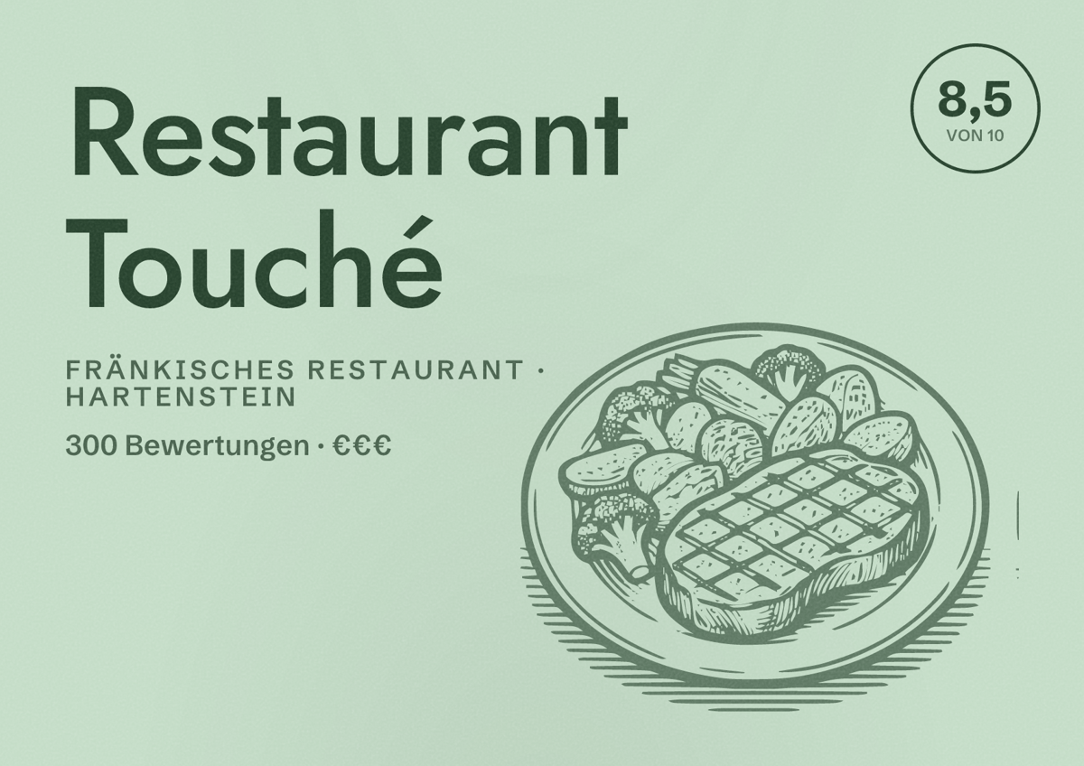 Illustriertes Poster von Restaurant Touché, Fränkisches Restaurant in Hartenstein: Bewertung 8,5 von 10 aus 300 Bewertungen, Preisniveau €€€