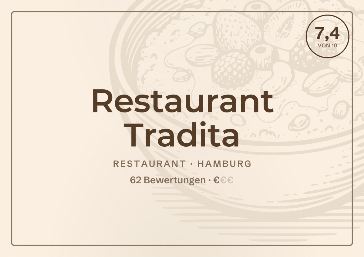 Illustriertes Poster von Restaurant Tradita, Restaurant in Hamburg: Bewertung 7,4 von 10 aus 62 Bewertungen, Preisniveau €
