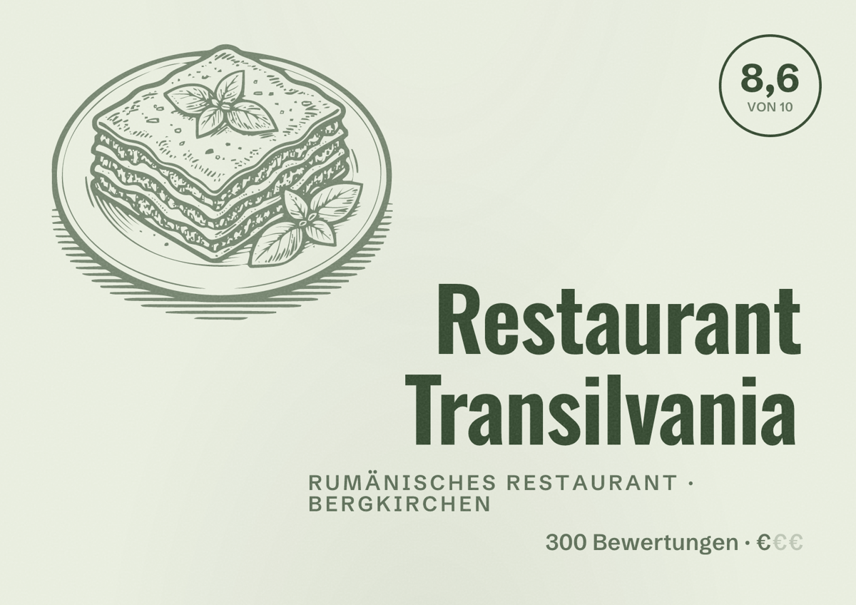 Illustriertes Poster von Restaurant Transilvania, Rumänisches Restaurant in Bergkirchen: Bewertung 8,6 von 10 aus 300 Bewertungen, Preisniveau €