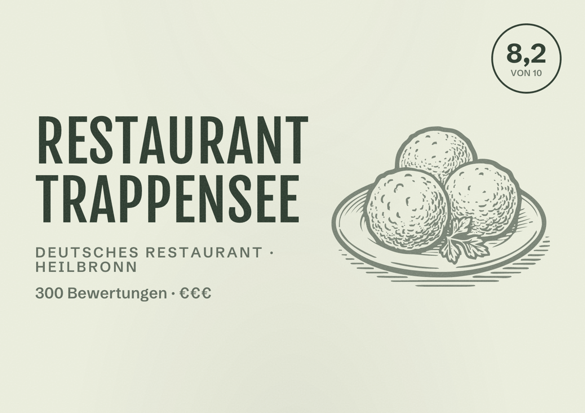 Illustriertes Poster von Restaurant Trappensee, Deutsches Restaurant in Heilbronn: Bewertung 8,2 von 10 aus 300 Bewertungen, Preisniveau €€€