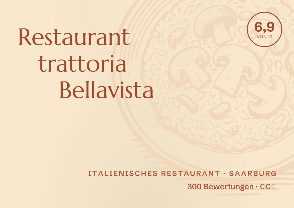 Illustriertes Poster von Restaurant trattoria Bellavista, Italienisches Restaurant in Saarburg: Bewertung 6,9 von 10 aus 300 Bewertungen, Preisniveau €€
