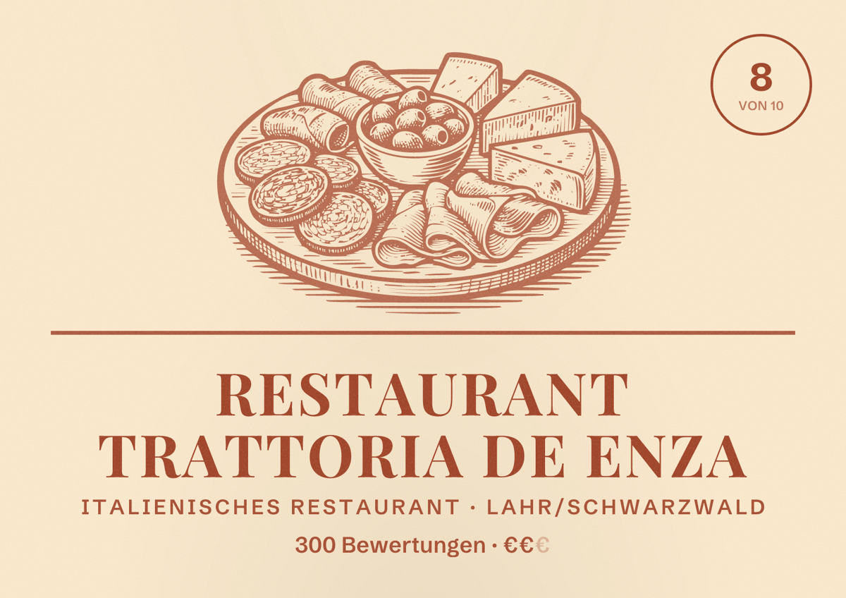 Illustriertes Poster von Restaurant Trattoria de Enza, Italienisches Restaurant in Lahr/Schwarzwald: Bewertung 8 von 10 aus 300 Bewertungen, Preisniveau €€