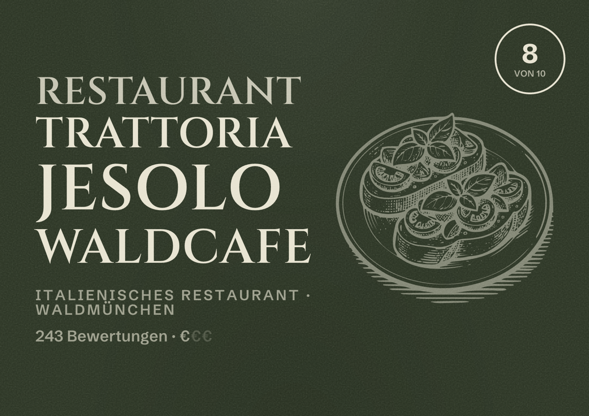 Illustriertes Poster von Restaurant Trattoria Jesolo Waldcafe, Italienisches Restaurant in Waldmünchen: Bewertung 8 von 10 aus 243 Bewertungen, Preisniveau €