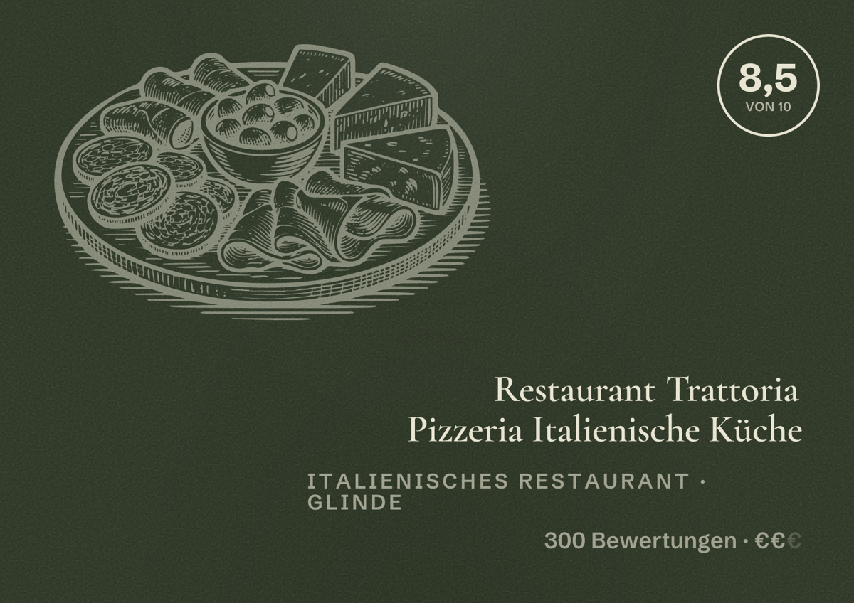 Illustriertes Poster von Restaurant Trattoria Pizzeria Italienische Küche, Italienisches Restaurant in Glinde: Bewertung 8,5 von 10 aus 300 Bewertungen, Preisniveau €€