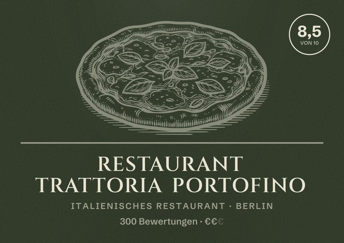Illustriertes Poster von Restaurant Trattoria Portofino, Italienisches Restaurant in Berlin: Bewertung 8,5 von 10 aus 300 Bewertungen, Preisniveau €€