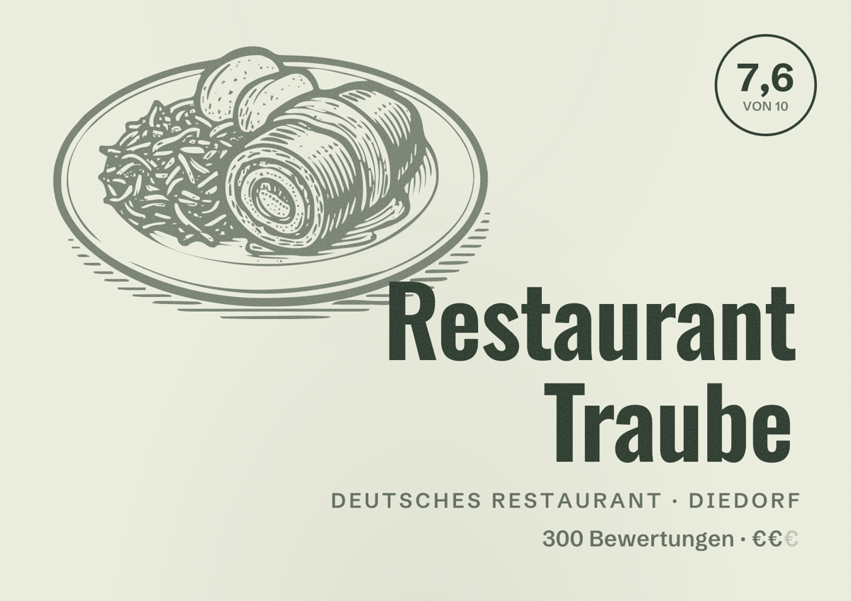 Illustriertes Poster von Restaurant Traube, Deutsches Restaurant in Diedorf: Bewertung 7,6 von 10 aus 300 Bewertungen, Preisniveau €€