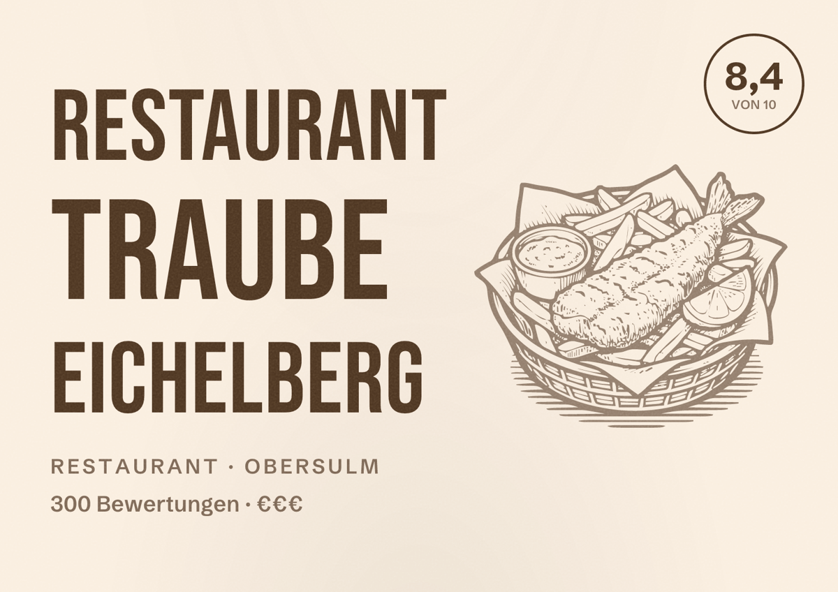 Illustriertes Poster von Restaurant Traube Eichelberg, Restaurant in Obersulm: Bewertung 8,4 von 10 aus 300 Bewertungen, Preisniveau €€€