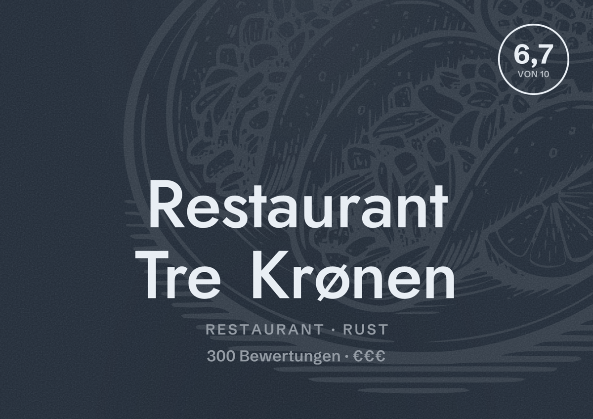 Illustriertes Poster von Restaurant Tre Krønen, Restaurant in Rust: Bewertung 6,7 von 10 aus 300 Bewertungen, Preisniveau €€€