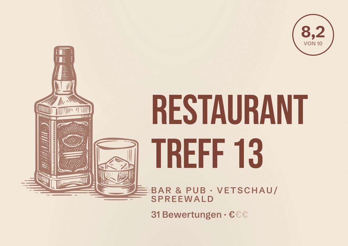 Illustriertes Poster von Restaurant Treff 13, Bar & Pub in Vetschau/Spreewald: Bewertung 8,2 von 10 aus 31 Bewertungen, Preisniveau €