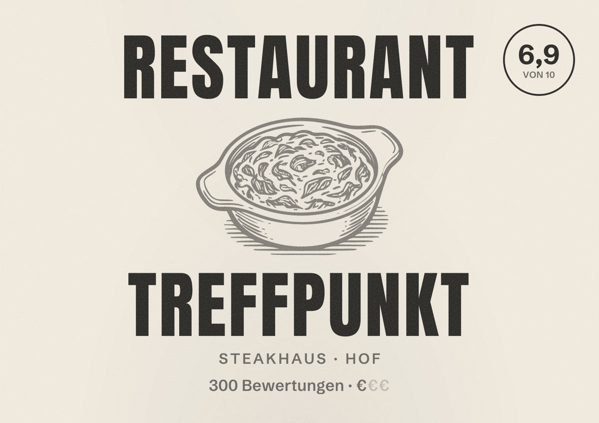 Illustriertes Poster von Restaurant Treffpunkt, Steakhaus in Hof: Bewertung 6,9 von 10 aus 300 Bewertungen, Preisniveau €
