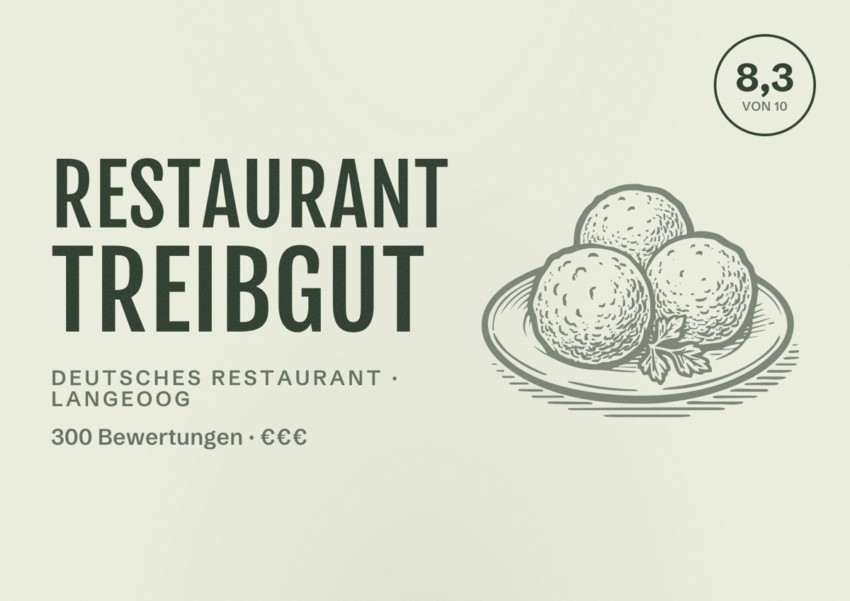 Illustriertes Poster von Restaurant Treibgut, Deutsches Restaurant in Langeoog: Bewertung 8,3 von 10 aus 300 Bewertungen, Preisniveau €€€