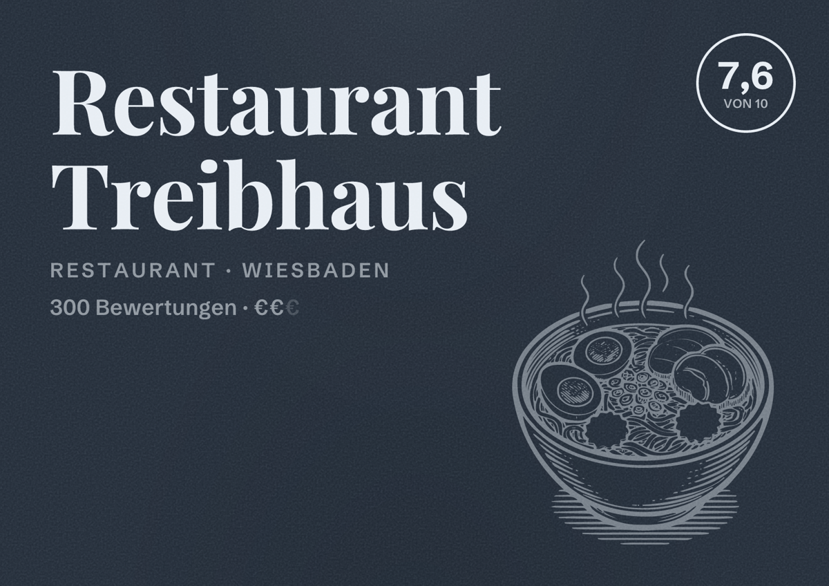 Illustriertes Poster von Restaurant Treibhaus, Restaurant in Wiesbaden: Bewertung 7,6 von 10 aus 300 Bewertungen, Preisniveau €€