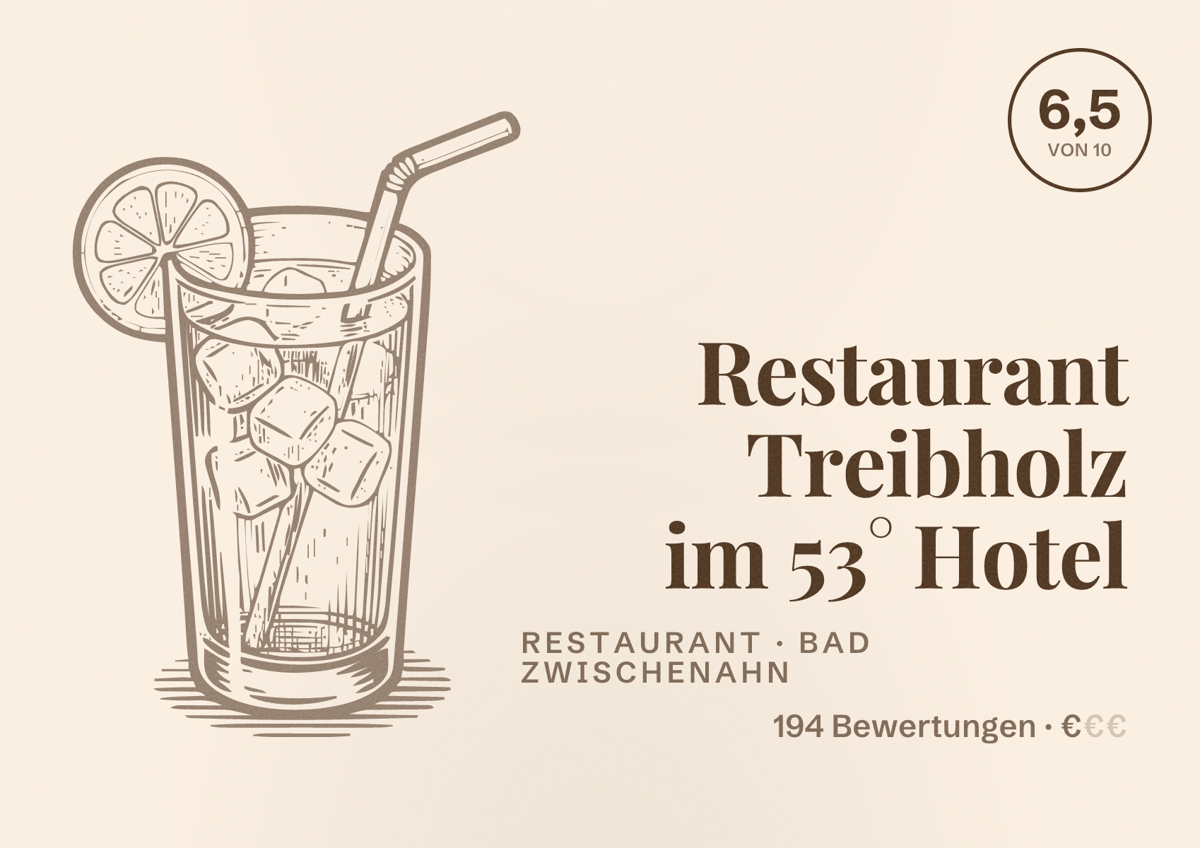 Illustriertes Poster von Restaurant Treibholz im 53° Hotel, Restaurant in Bad Zwischenahn: Bewertung 6,5 von 10 aus 194 Bewertungen, Preisniveau €
