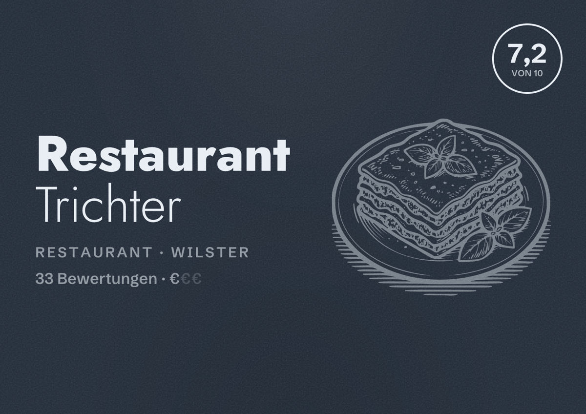 Illustriertes Poster von Restaurant Trichter, Restaurant in Wilster: Bewertung 7,2 von 10 aus 33 Bewertungen, Preisniveau €