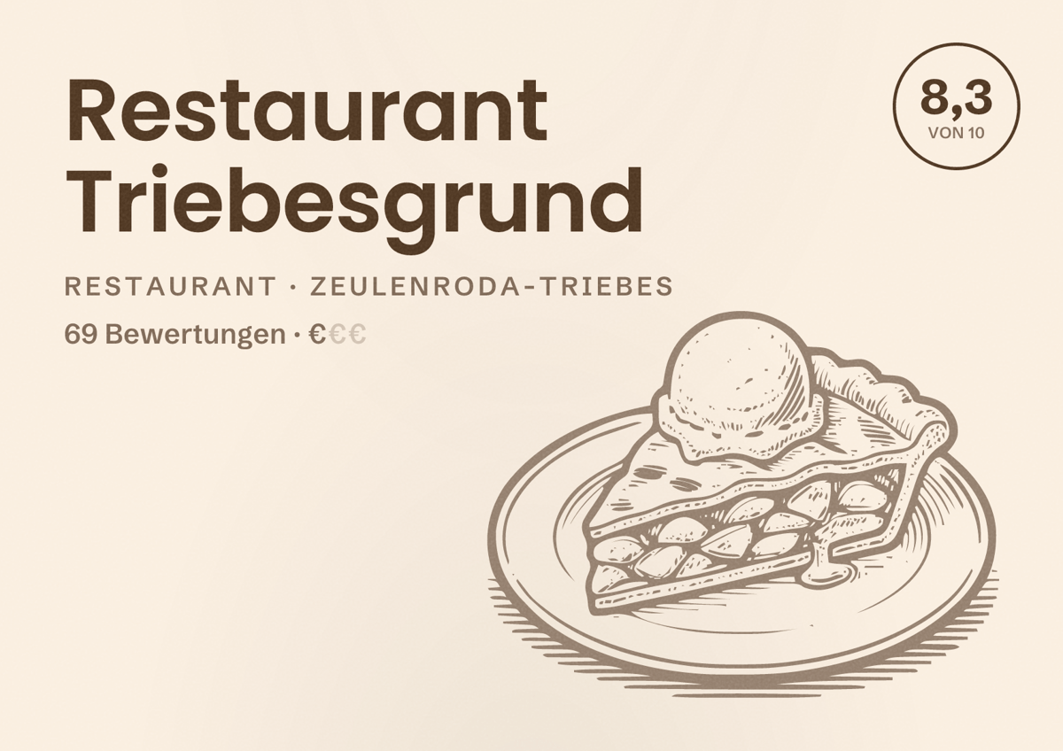 Illustriertes Poster von Restaurant Triebesgrund, Restaurant in Zeulenroda-Triebes: Bewertung 8,3 von 10 aus 69 Bewertungen, Preisniveau €