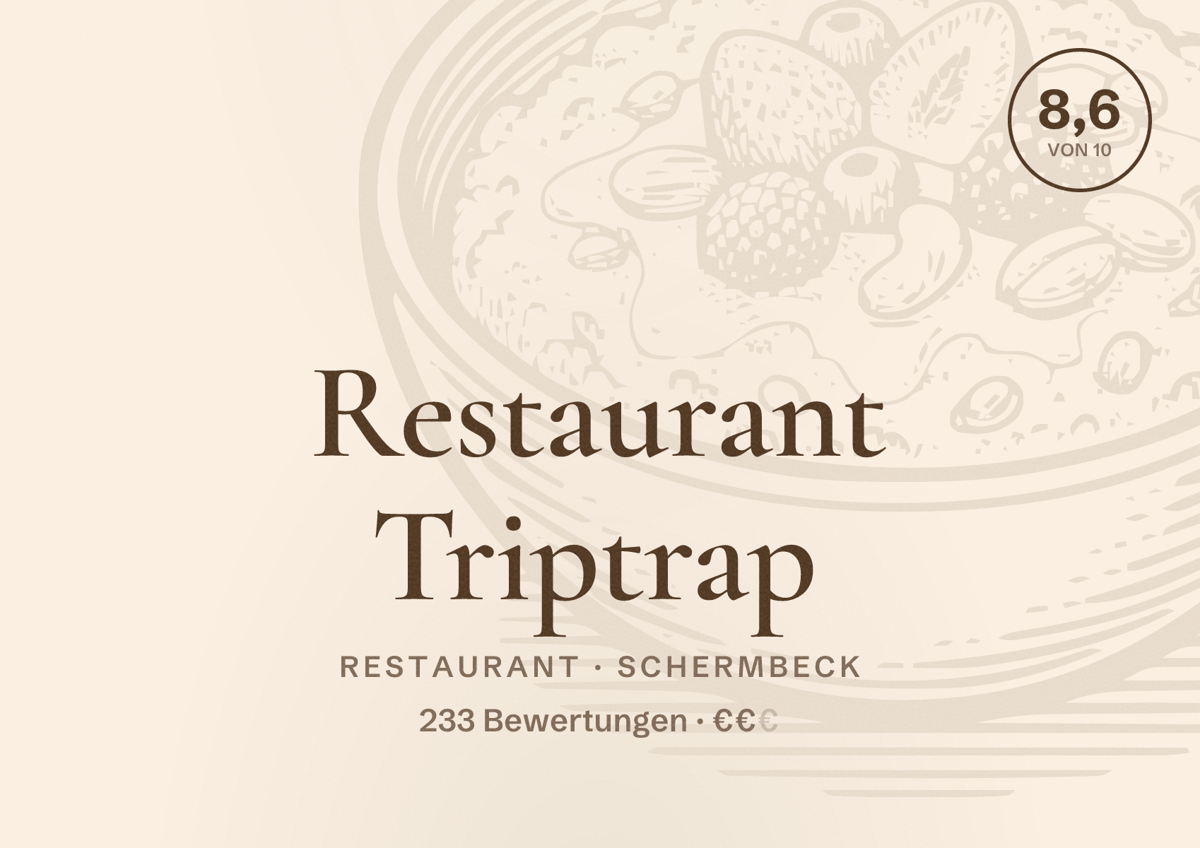 Illustriertes Poster von Restaurant Triptrap, Restaurant in Schermbeck: Bewertung 8,6 von 10 aus 233 Bewertungen, Preisniveau €€