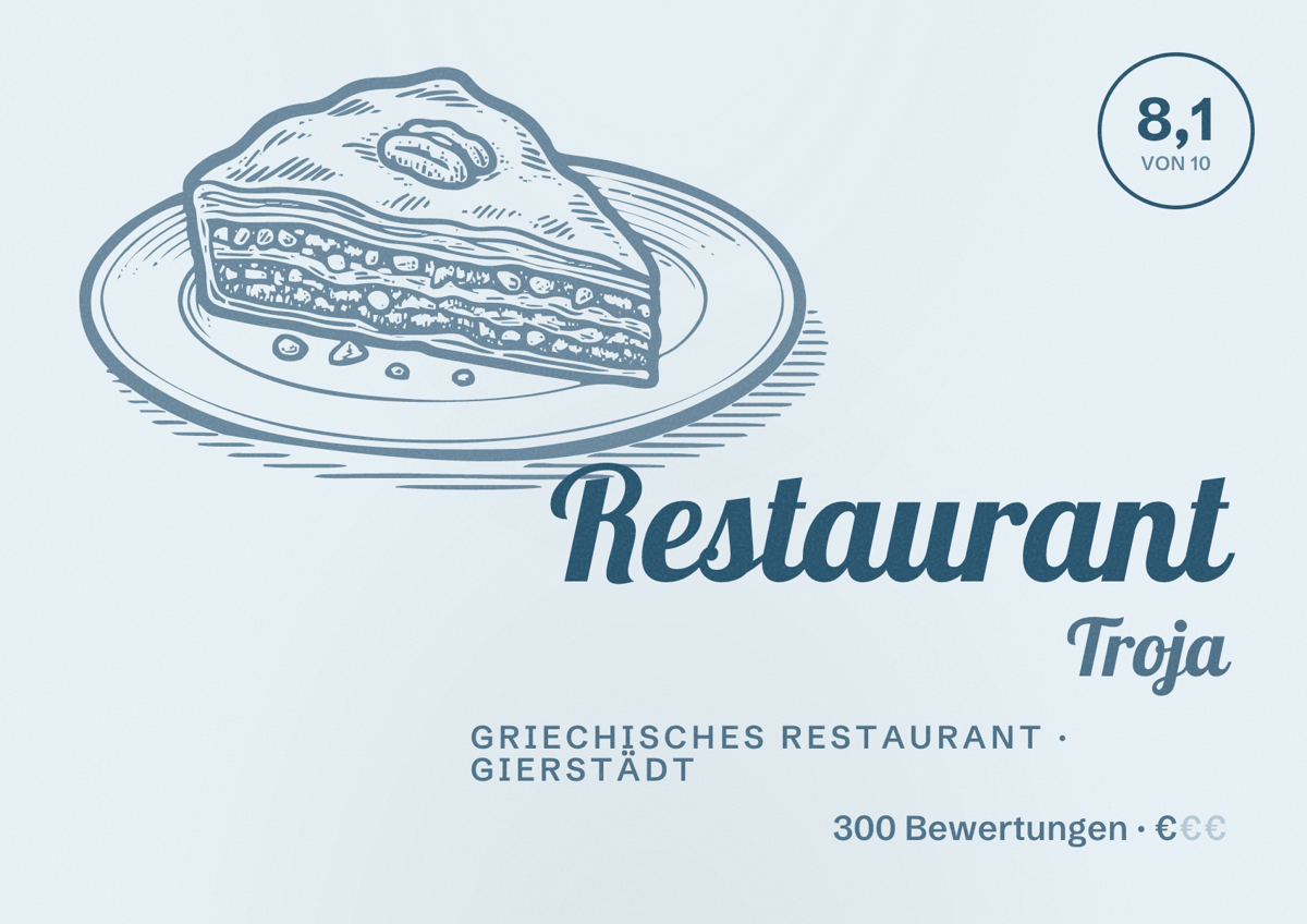 Illustriertes Poster von Restaurant Troja, Griechisches Restaurant in Gierstädt: Bewertung 8,1 von 10 aus 300 Bewertungen, Preisniveau €
