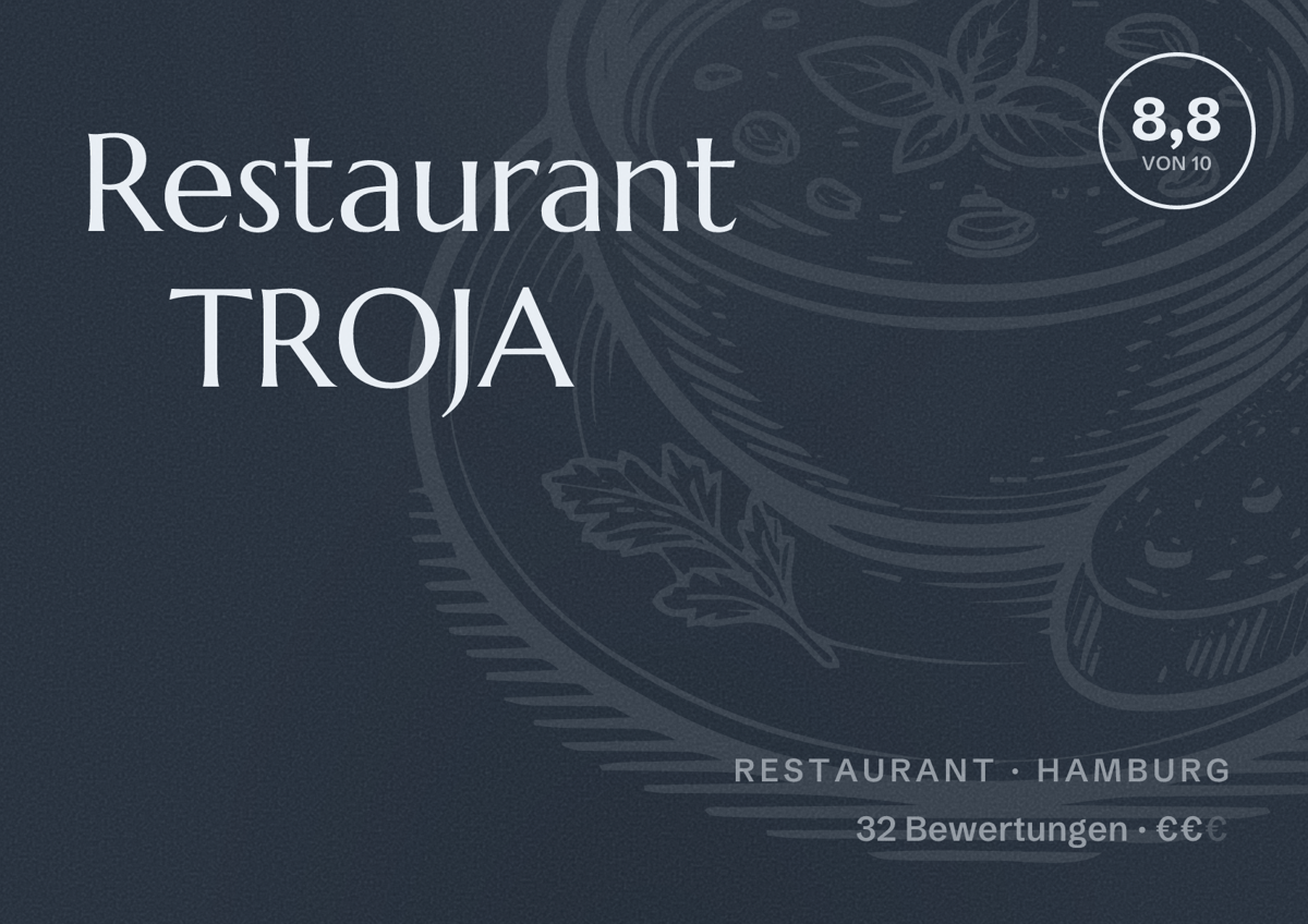 Illustriertes Poster von Restaurant TROJA, Restaurant in Hamburg: Bewertung 8,8 von 10 aus 32 Bewertungen, Preisniveau €€