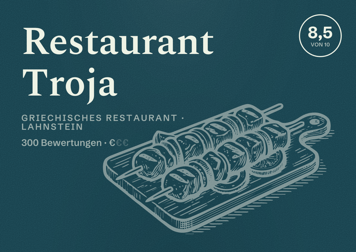 Illustriertes Poster von Restaurant Troja, Griechisches Restaurant in Lahnstein: Bewertung 8,5 von 10 aus 300 Bewertungen, Preisniveau €