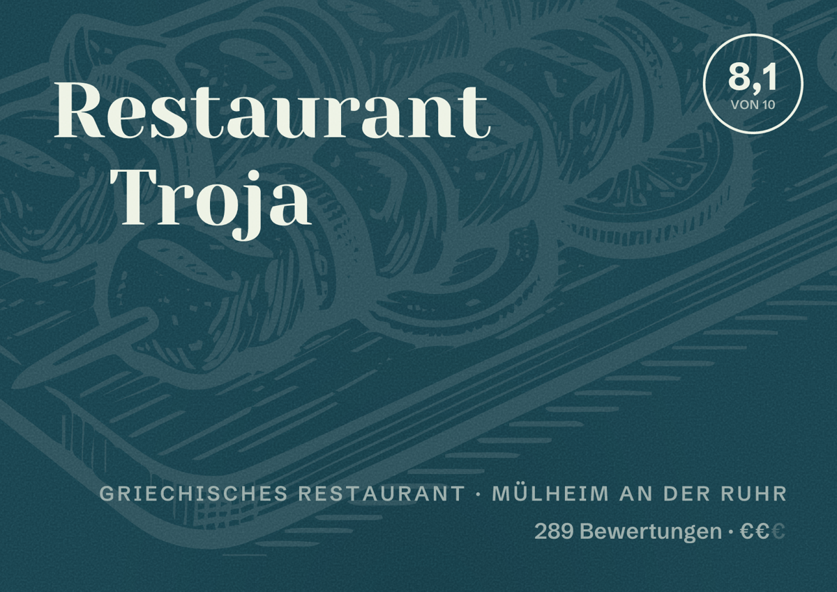 Illustriertes Poster von Restaurant Troja, Griechisches Restaurant in Mülheim an der Ruhr: Bewertung 8,1 von 10 aus 289 Bewertungen, Preisniveau €€