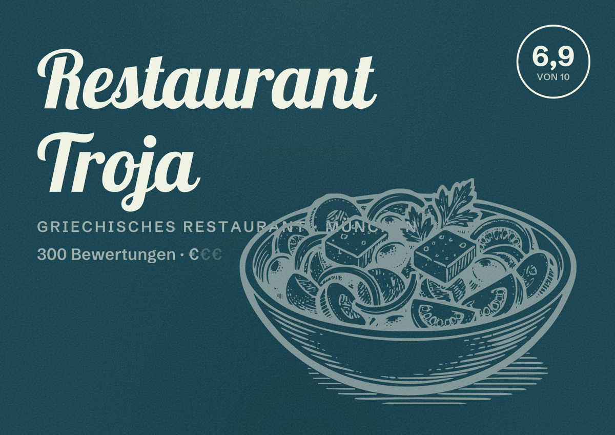 Illustriertes Poster von Restaurant Troja, Griechisches Restaurant in München: Bewertung 6,9 von 10 aus 300 Bewertungen, Preisniveau €