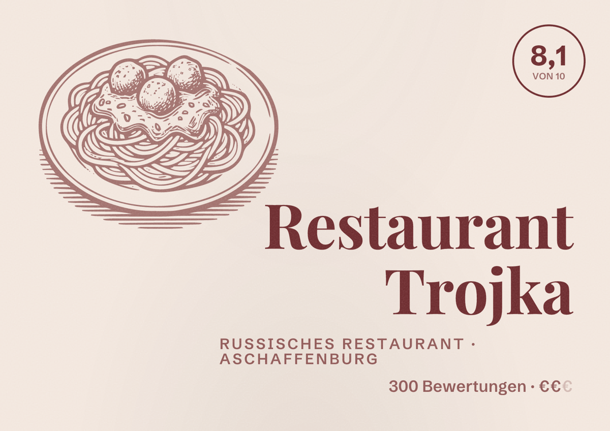 Illustriertes Poster von Restaurant Trojka, Russisches Restaurant in Aschaffenburg: Bewertung 8,1 von 10 aus 300 Bewertungen, Preisniveau €€