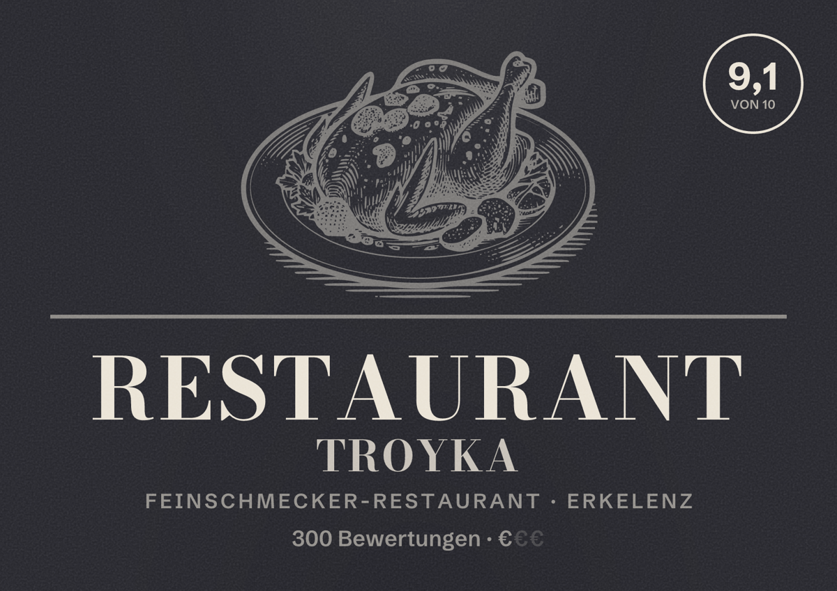 Illustriertes Poster von Restaurant TROYKA, Feinschmecker-Restaurant in Erkelenz: Bewertung 9,1 von 10 aus 300 Bewertungen, Preisniveau €