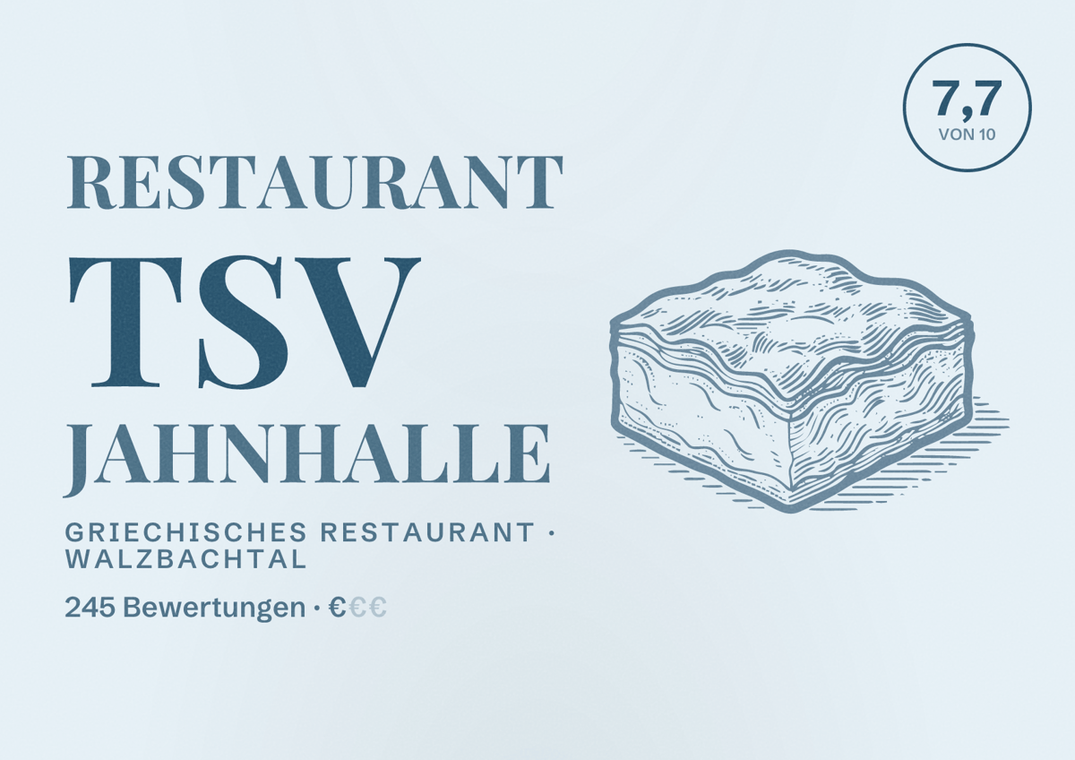 Illustriertes Poster von Restaurant TSV Jahnhalle, Griechisches Restaurant in Walzbachtal: Bewertung 7,7 von 10 aus 245 Bewertungen, Preisniveau €