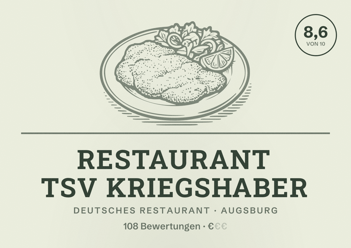 Illustriertes Poster von Restaurant TSV Kriegshaber, Deutsches Restaurant in Augsburg: Bewertung 8,6 von 10 aus 108 Bewertungen, Preisniveau €