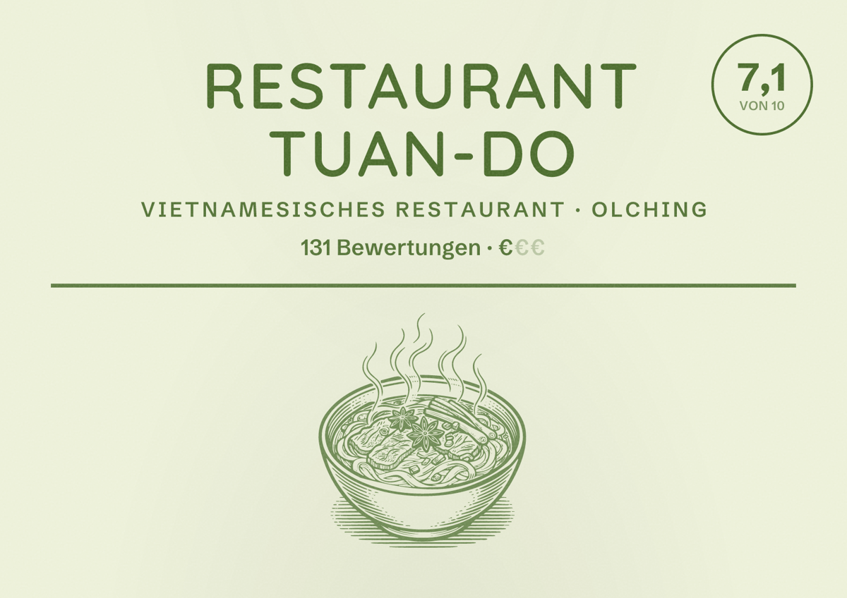 Illustriertes Poster von Restaurant Tuan-Do, Vietnamesisches Restaurant in Olching: Bewertung 7,1 von 10 aus 131 Bewertungen, Preisniveau €
