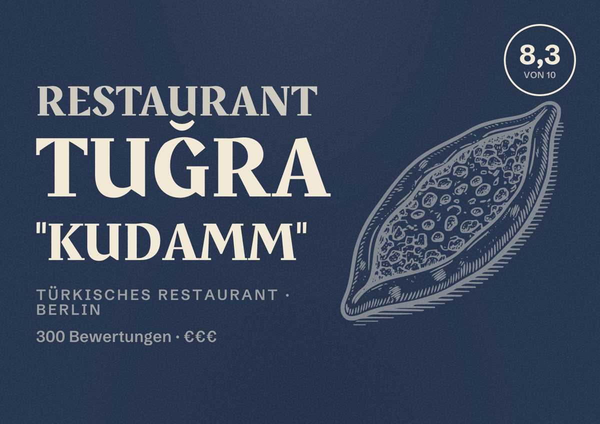 Illustriertes Poster von Restaurant Tuğra "KUDAMM", Türkisches Restaurant in Berlin: Bewertung 8,3 von 10 aus 300 Bewertungen, Preisniveau €€€