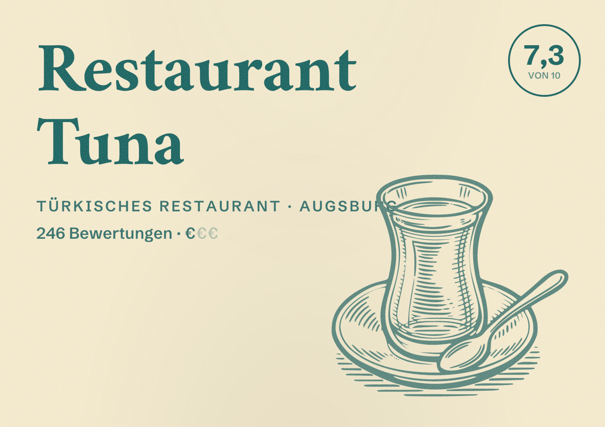 Illustriertes Poster von Restaurant Tuna, Türkisches Restaurant in Augsburg: Bewertung 7,3 von 10 aus 246 Bewertungen, Preisniveau €
