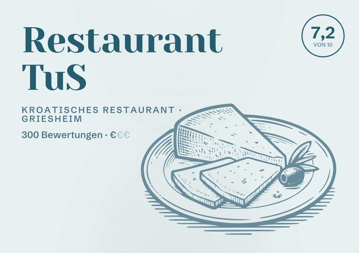 Illustriertes Poster von Restaurant TuS, Kroatisches Restaurant in Griesheim: Bewertung 7,2 von 10 aus 300 Bewertungen, Preisniveau €