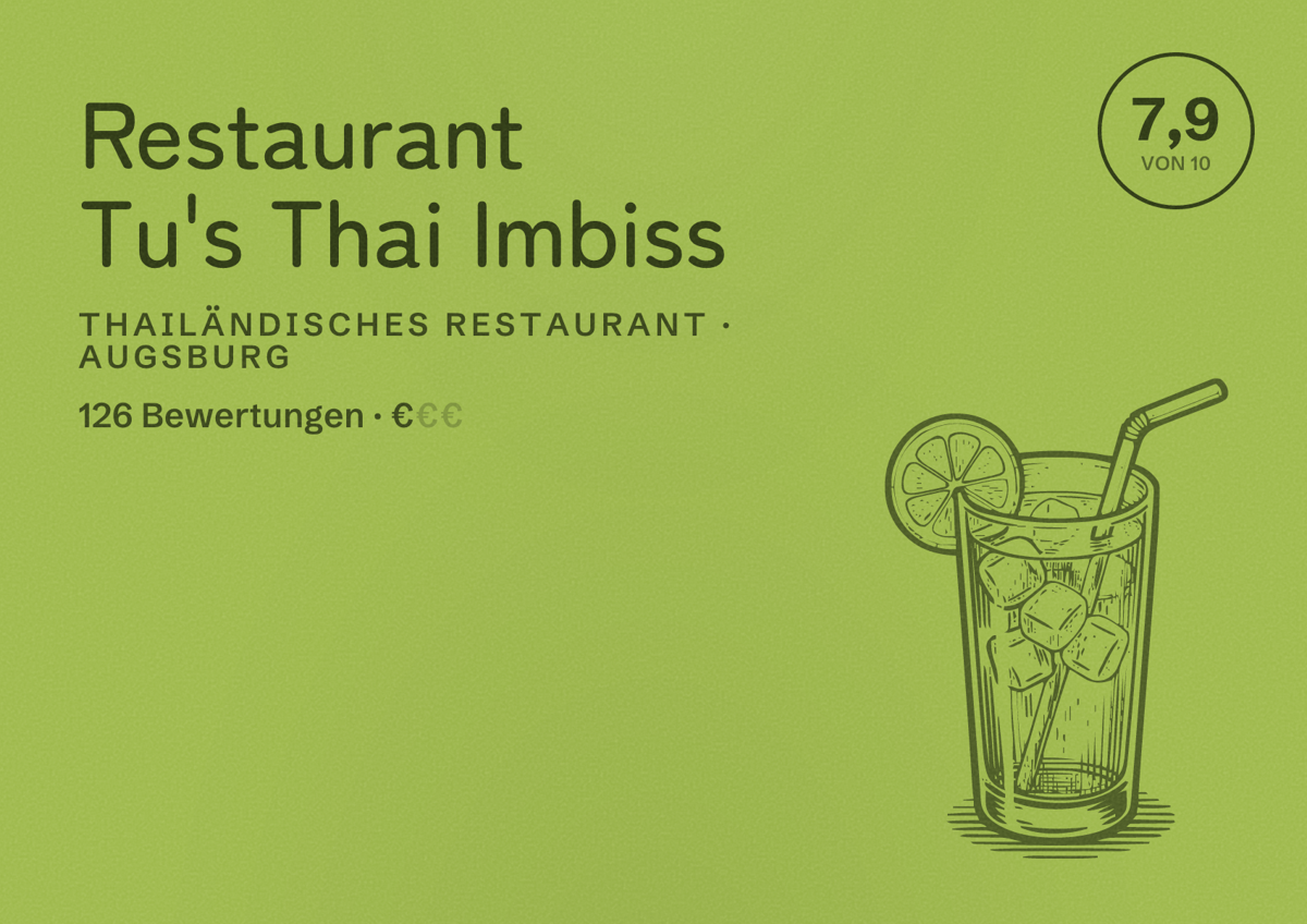 Illustriertes Poster von Restaurant Tu's Thai Imbiss, Thailändisches Restaurant in Augsburg: Bewertung 7,9 von 10 aus 126 Bewertungen, Preisniveau €