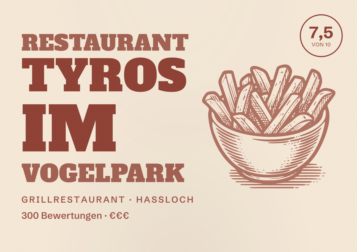 Illustriertes Poster von Restaurant Tyros im Vogelpark, Grillrestaurant in Haßloch: Bewertung 7,5 von 10 aus 300 Bewertungen, Preisniveau €€€
